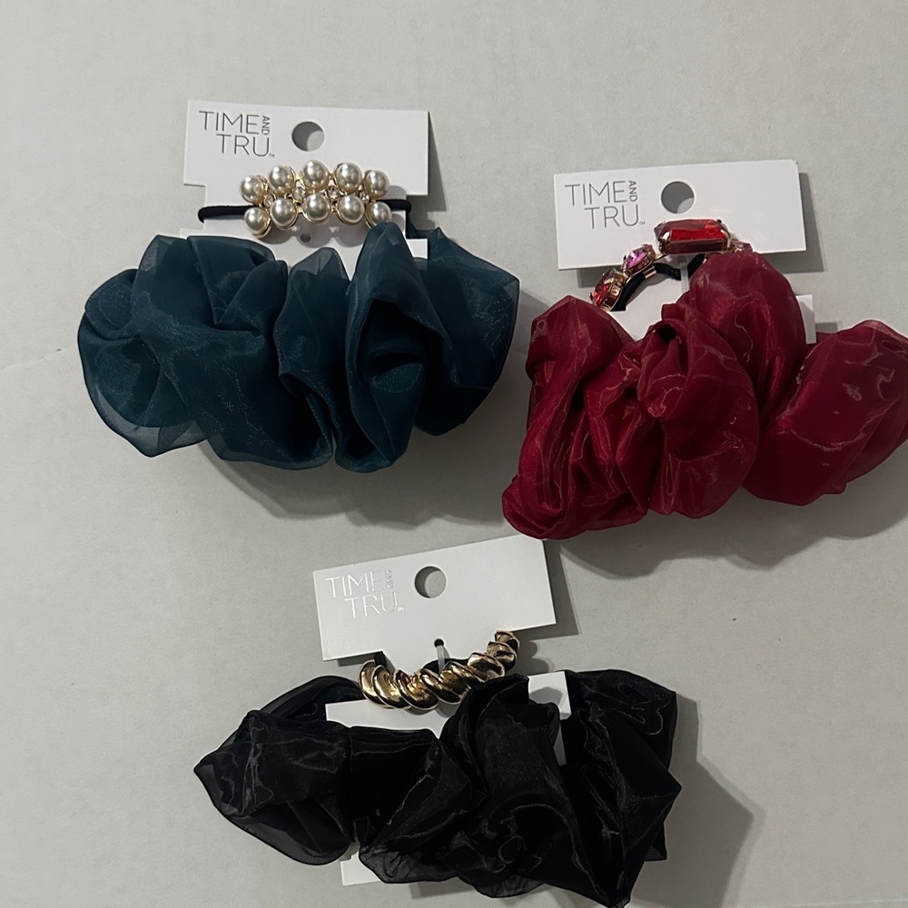 Time and Tru Black, Teal & Burgundy Decorative Scrunchie Set
